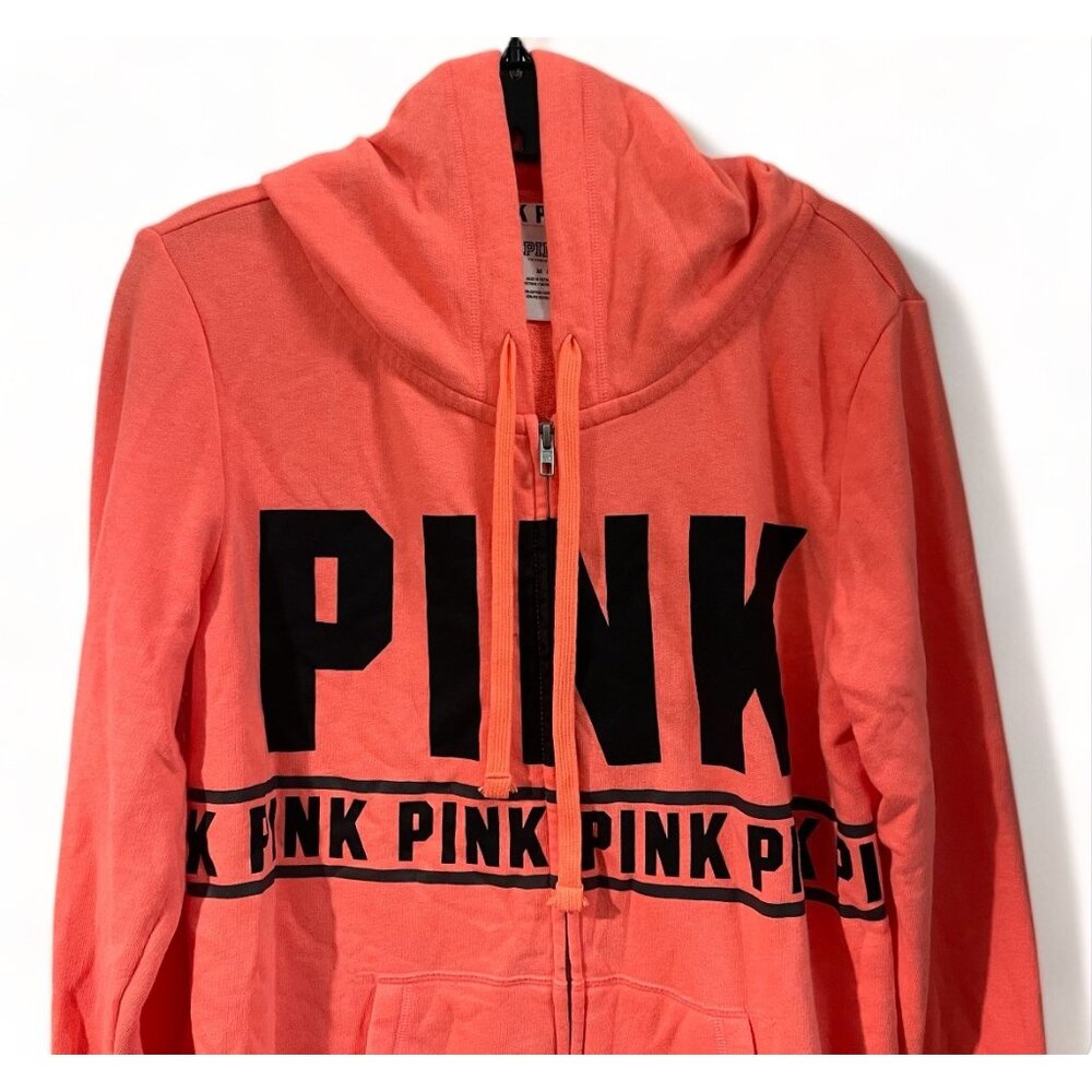 PINK Victoria's Secret Womens Zip-Up Hoodie Coral & Black Medium - Picture 2 of 10